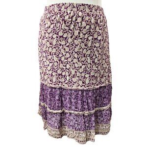 J. Jill Purple Yellow Floral Tiered Pull On Midi Skirt Lined Boho Festival Gypsy